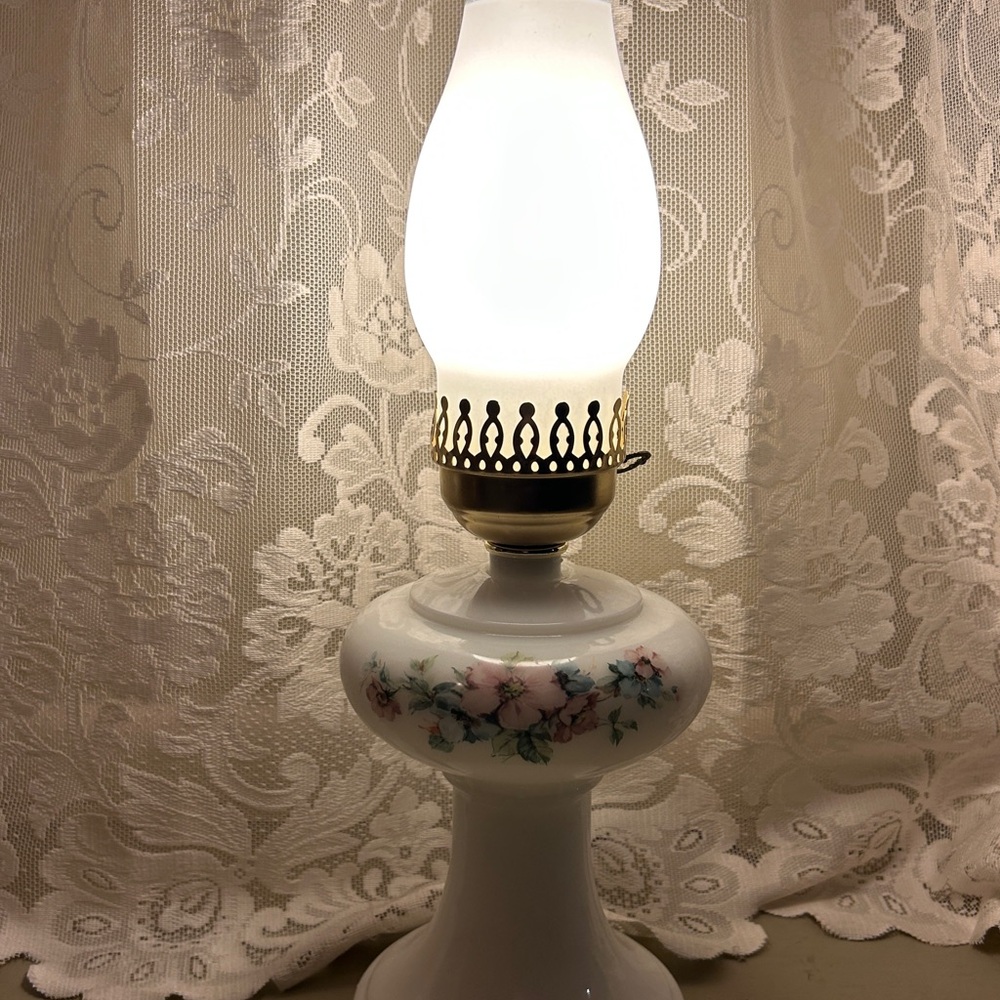 Milk Glass Hurricane Electric Lamp Floral Cottagecore Farmhouse Provincial